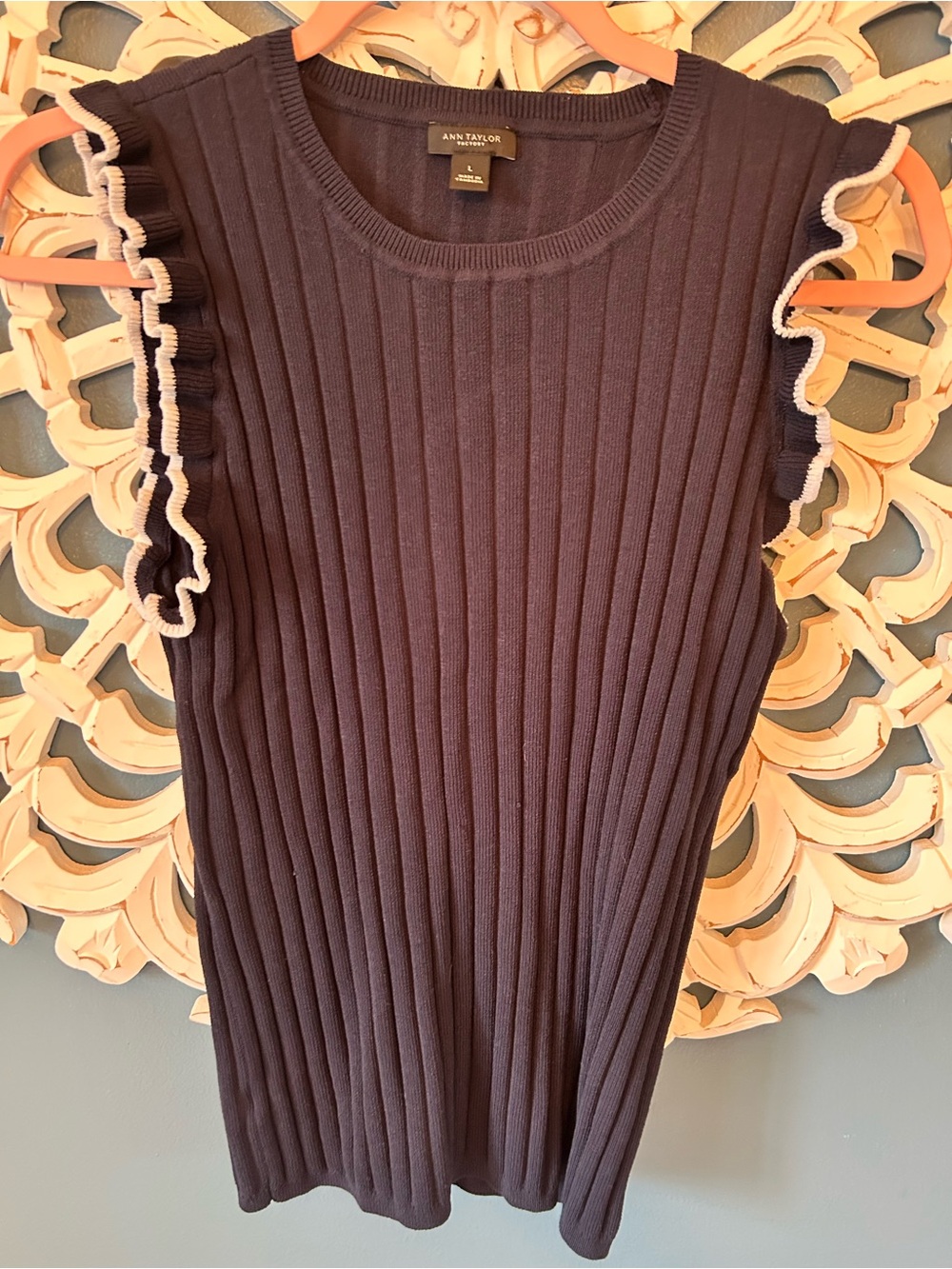 Ann Taylor Navy Sleeveless Sweater Tank with Cream Ruffle Trim